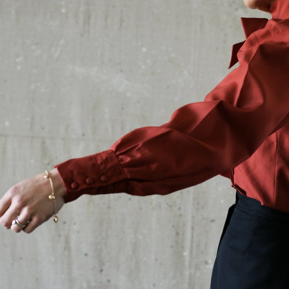 70's Rust Bow Ruffled Secretary Blouse/Pintuck/Button Up/Handmade - Picture 7 of 10